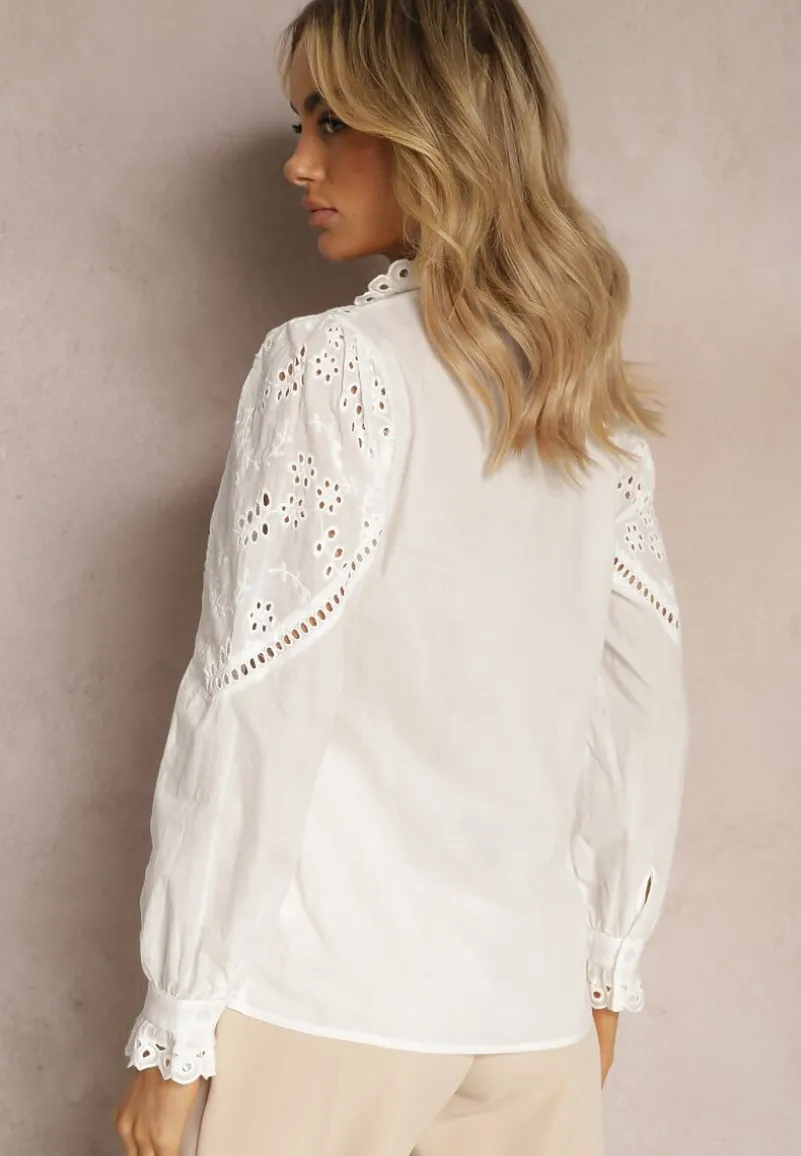 Biała Klasyczna Koszula w Stylu Boho z Bawełny z Ażurową Koronką Tilhila