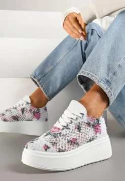 Białe Ażurowe Sneakersy Vices na Platformie w Kwiaty Halvisa