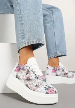 Białe Ażurowe Sneakersy Vices na Platformie w Kwiaty Halvisa