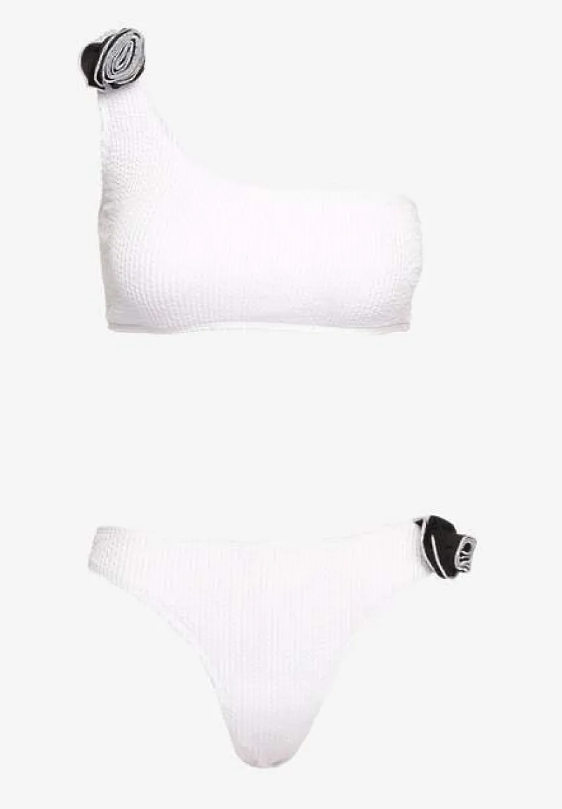 Białe Bikini 2-Częściowe Asymetryczny Stanik i Majtki z Aplikacjami Kwiatu Namsilea