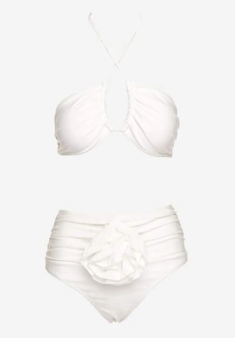 Białe 2-Częściowe Bikini Stanik Zapinany przy Szyi z Wiązaniem Figi z Wysokim Stanem Nanselian