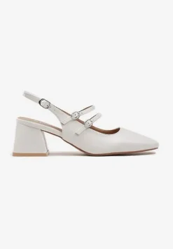 Białe Czółenka z Ekoskóry Typu Slingback na Słupku z Trzema Sprzączkami Qrevia