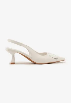 Białe Sandały na Szpilce Kaczuszce Slingback z Geometryczną Aplikacją Melanoriel