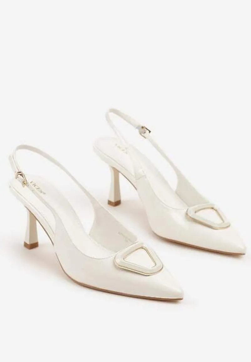 Białe Sandały na Szpilce Vices Slingback Lakierowane z Ozdobą Ataloria