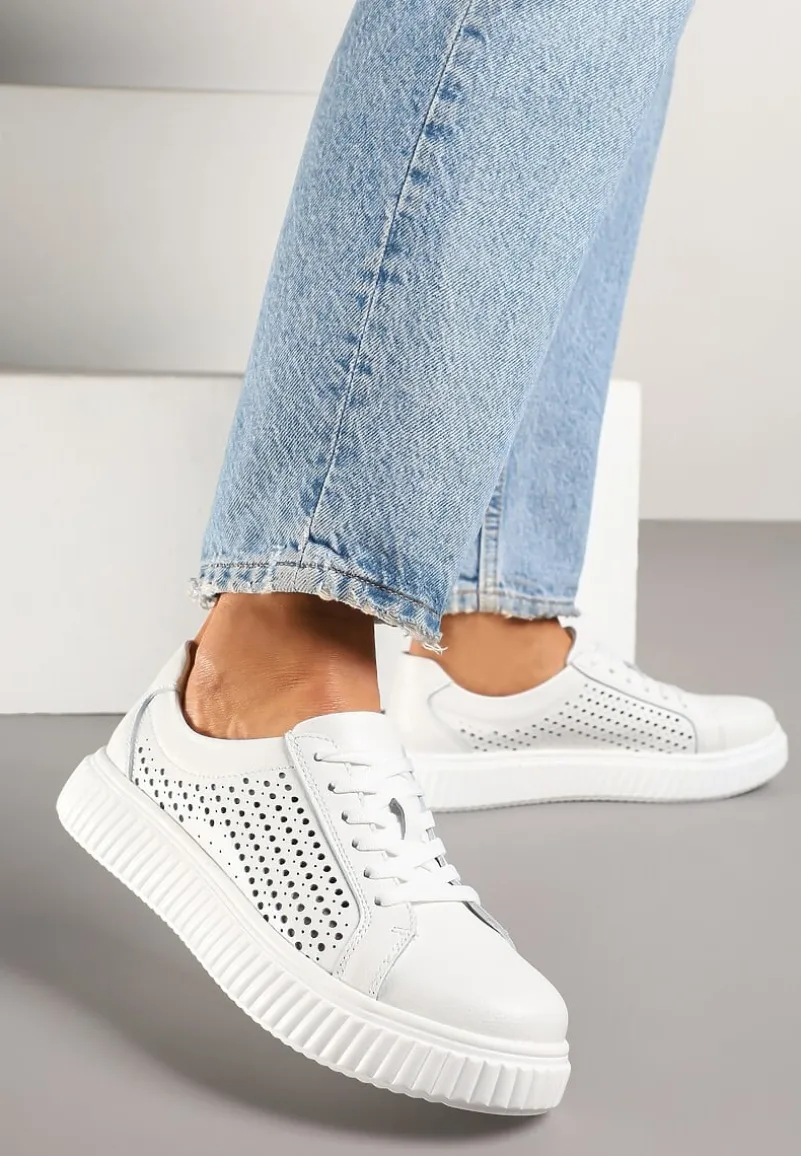 Białe Skórzane Sneakersy Typu Tenisówki z Ozdobną Perforacją Faladwena