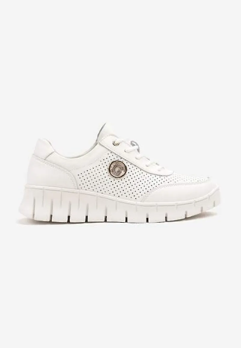 Białe Skórzane Sneakersy z Metaliczną Ozdobą i Skórzaną Wkładką Milothra