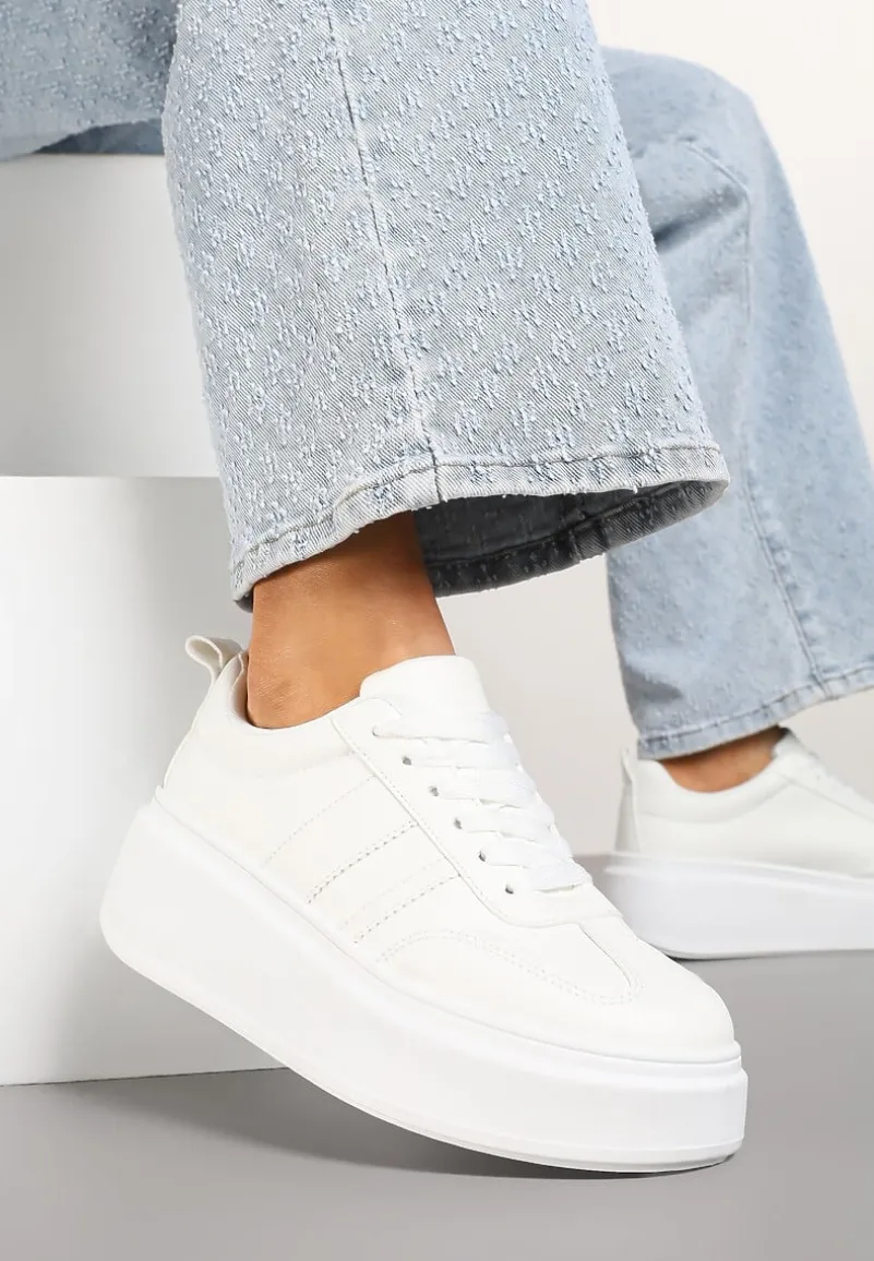Białe Sneakersy Klasyczne Tenisówki na Grubej Podeszwie z Koturnem Adessia