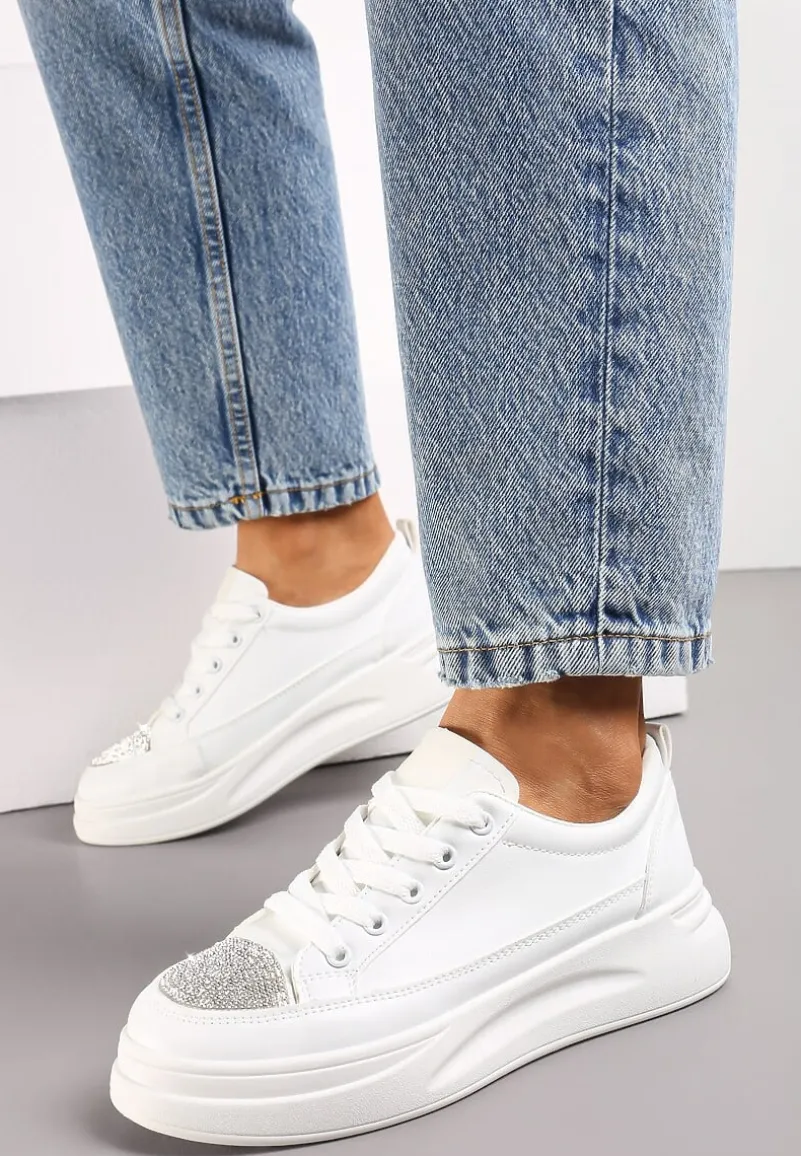 Białe Sneakersy na Grubej Podeszwie z Noskiem w Cyrkonie Seelma