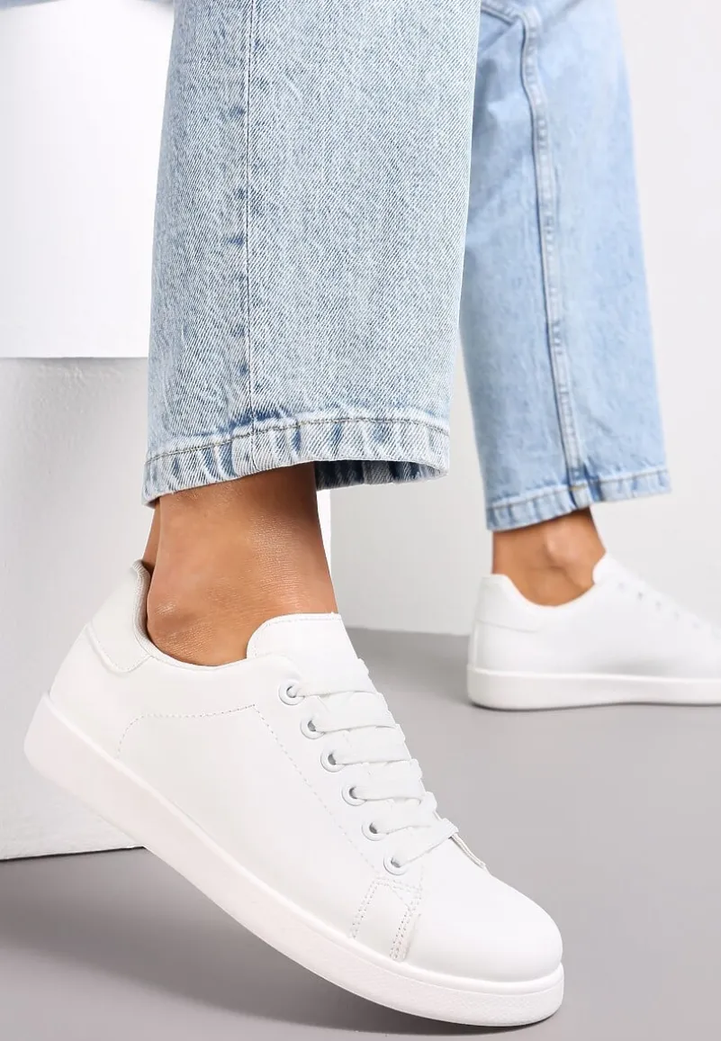 Białe Sneakersy na Płaskiej Podeszwie z Ozdobną Wstawką i Sznurowaniem Neotine