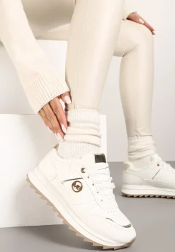 Białe Sneakersy na Płaskiej Podeszwie z Metaliczną Ozdobą i Ociepleniem Solirra