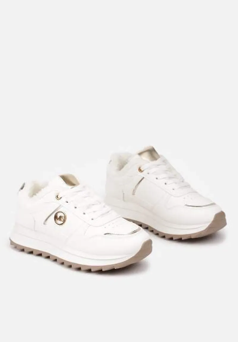 Białe Sneakersy na Płaskiej Podeszwie z Metaliczną Ozdobą i Ociepleniem Solirra