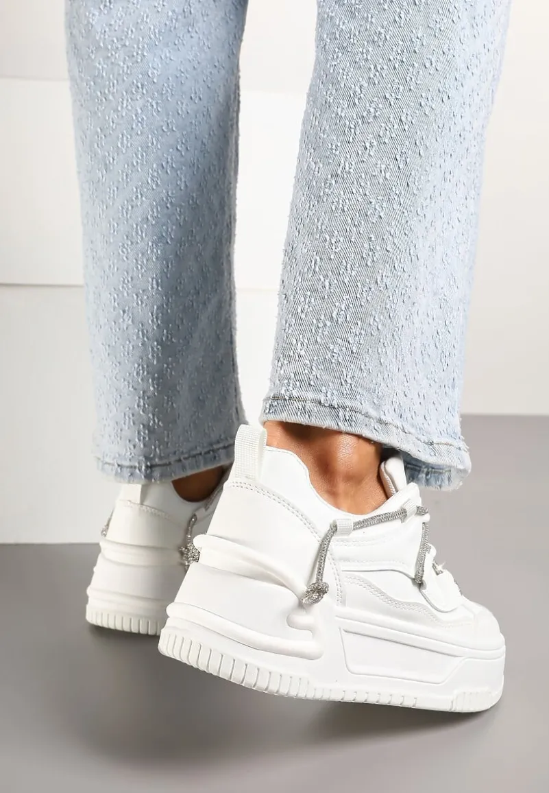 Białe Sneakersy na Platformie z Paskiem z Cyrkonii Aneolin