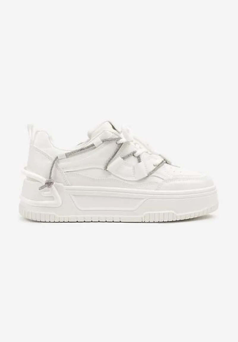 Białe Sneakersy na Platformie z Paskiem z Cyrkonii Aneolin