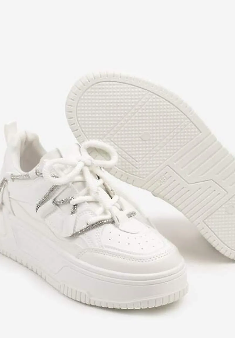 Białe Sneakersy na Platformie z Paskiem z Cyrkonii Aneolin