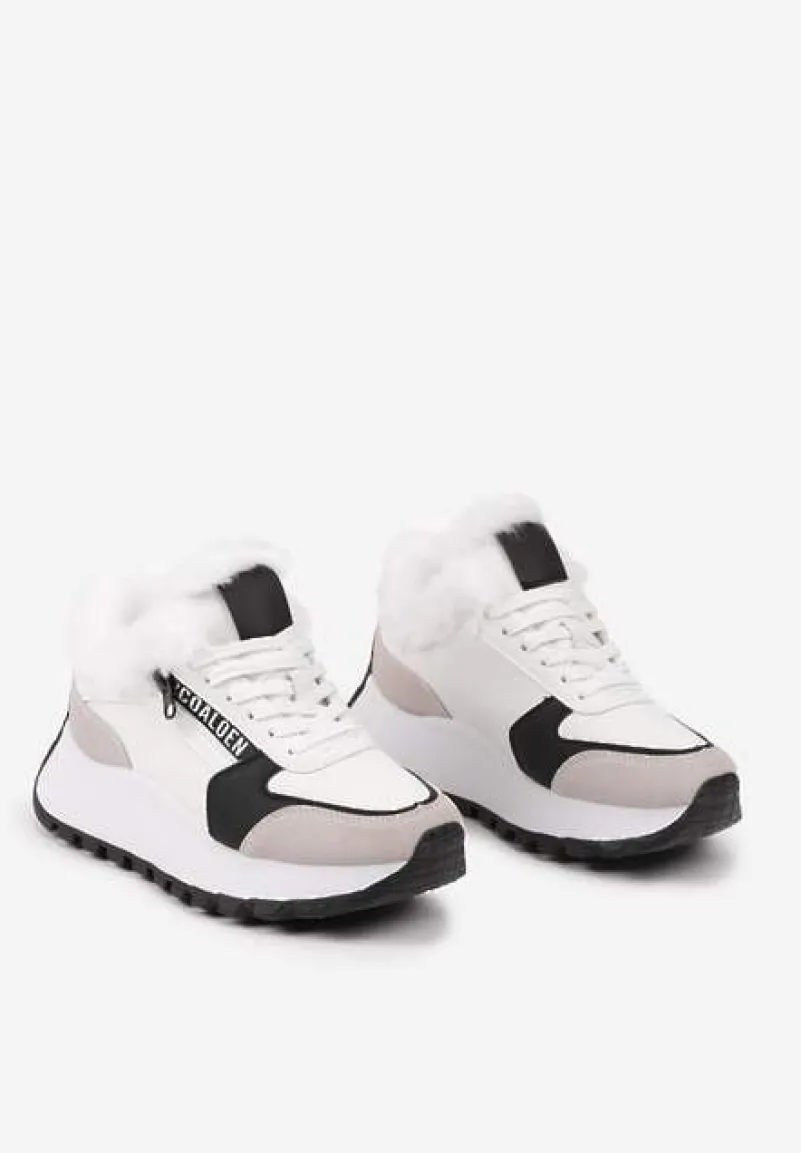 Białe Sneakersy na Platformie z Napisem Sznurowaniem i Futerkiem Vazina