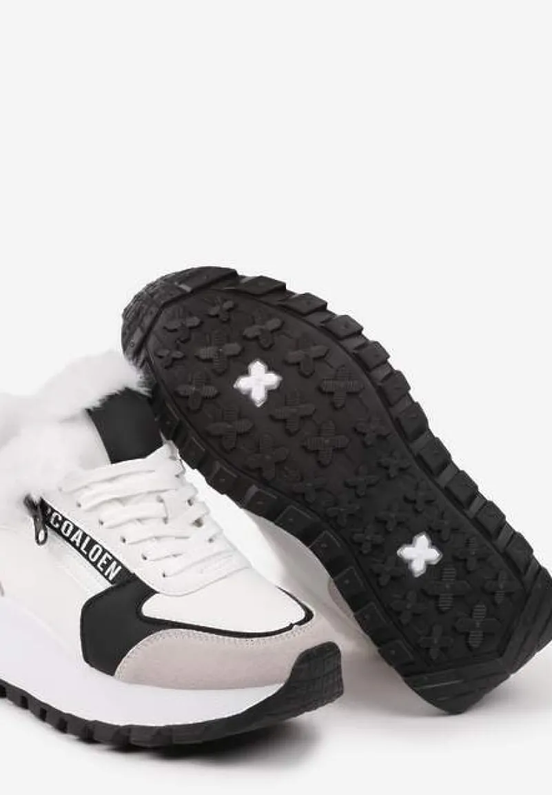 Białe Sneakersy na Platformie z Napisem Sznurowaniem i Futerkiem Vazina