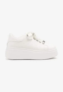 Białe Sneakersy na Platformie z Ozdobnymi Cyrkoniami Aviriel