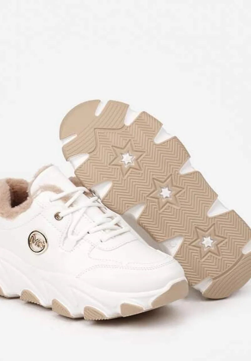 Białe Sneakersy na Tłoczonej Podeszwie z Futrzaną Wyściółką Doreti