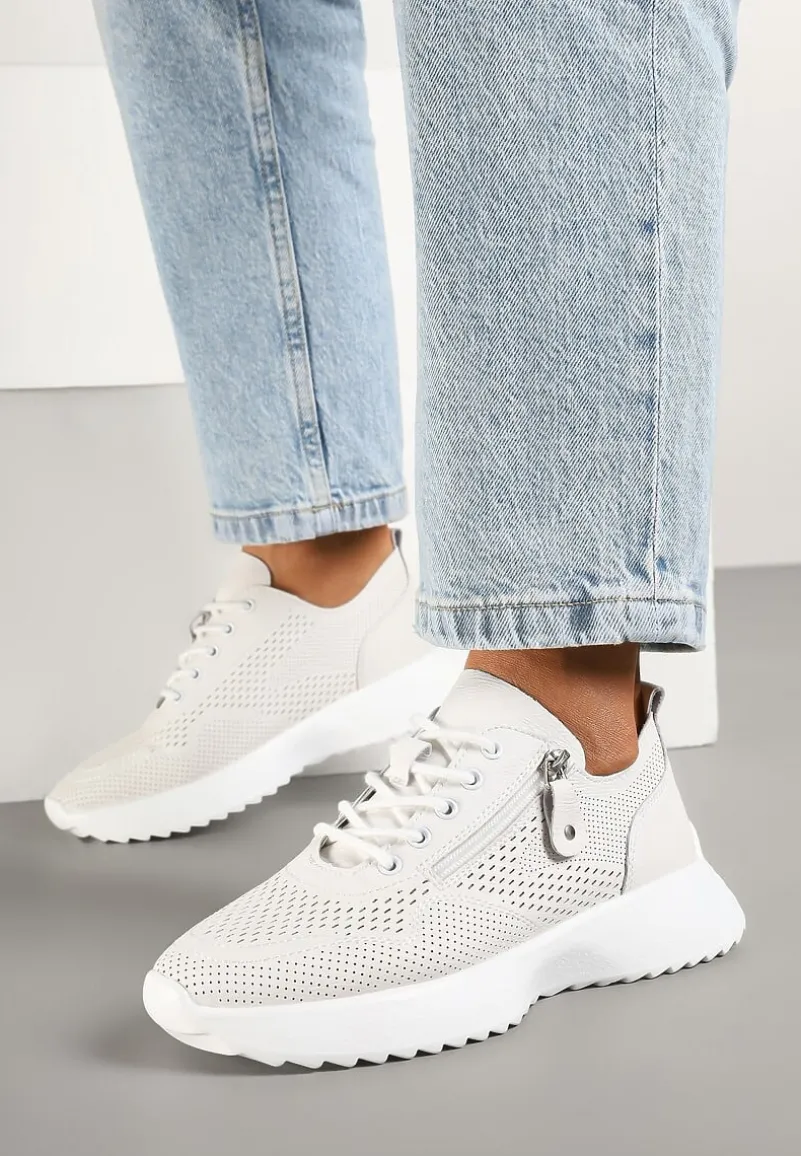 Białe Sneakersy Skórzane Ozdobione Suwakiem Ivelami