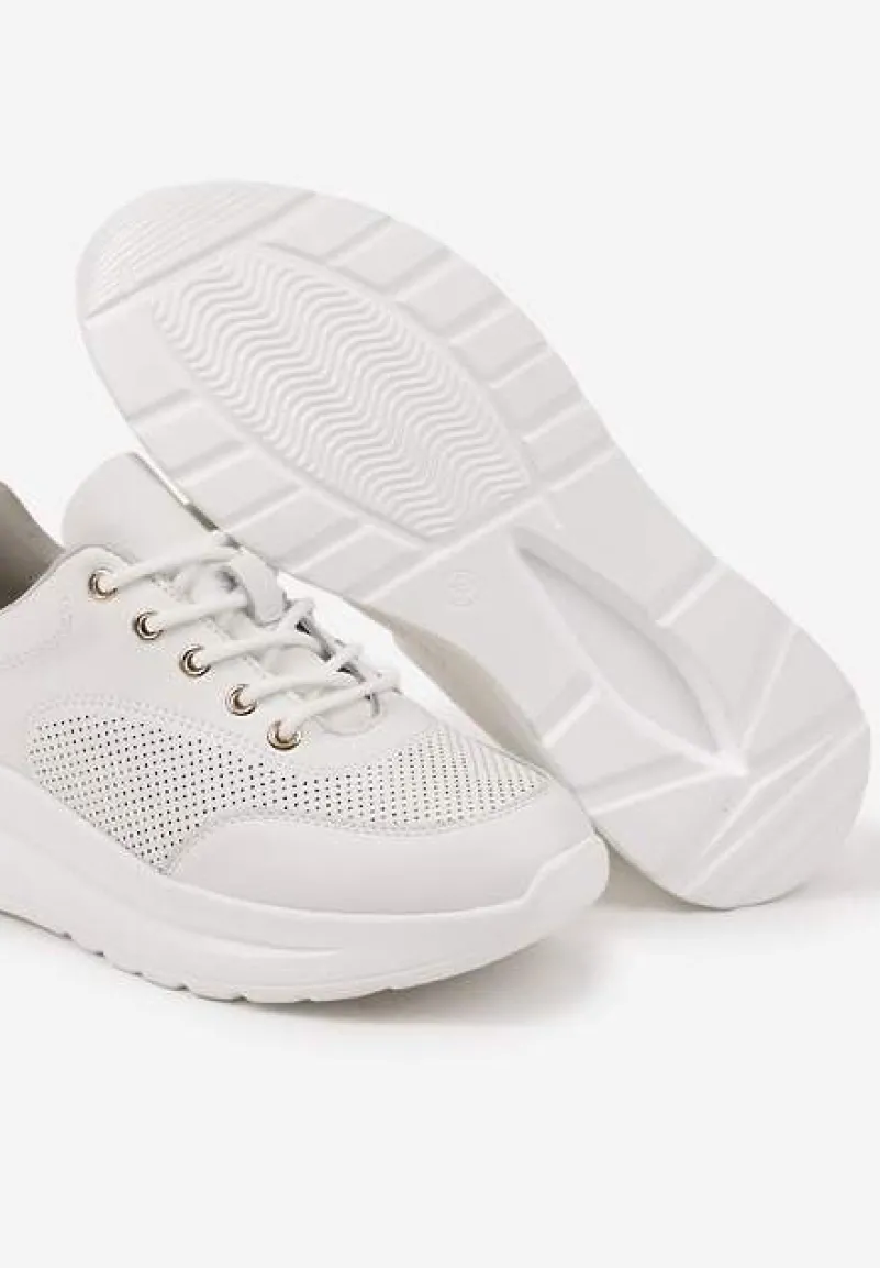 Białe Sneakersy Skórzane z Perforacją i Metaliczną Aplikacją Milami
