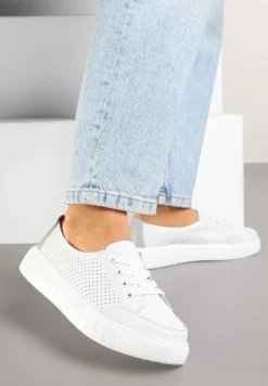 Białe Sneakersy ze Skóry Naturalnej z Perforacją Isolena