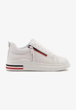 Białe Sneakersy z Ozdobnymi Napisami Suwakiem i Paskami Tosime