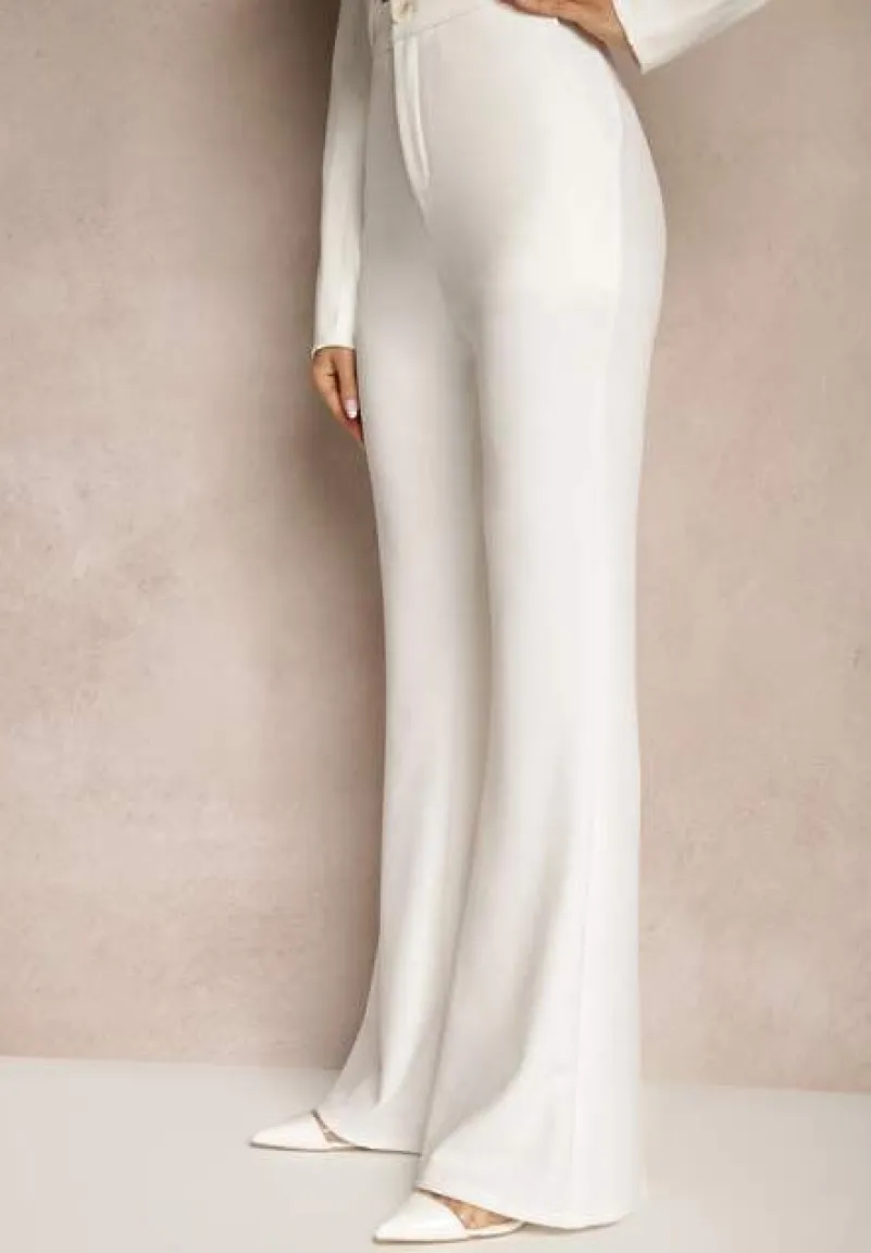 Białe Spodnie High Waist Dzwony z Wiskozą Blazza