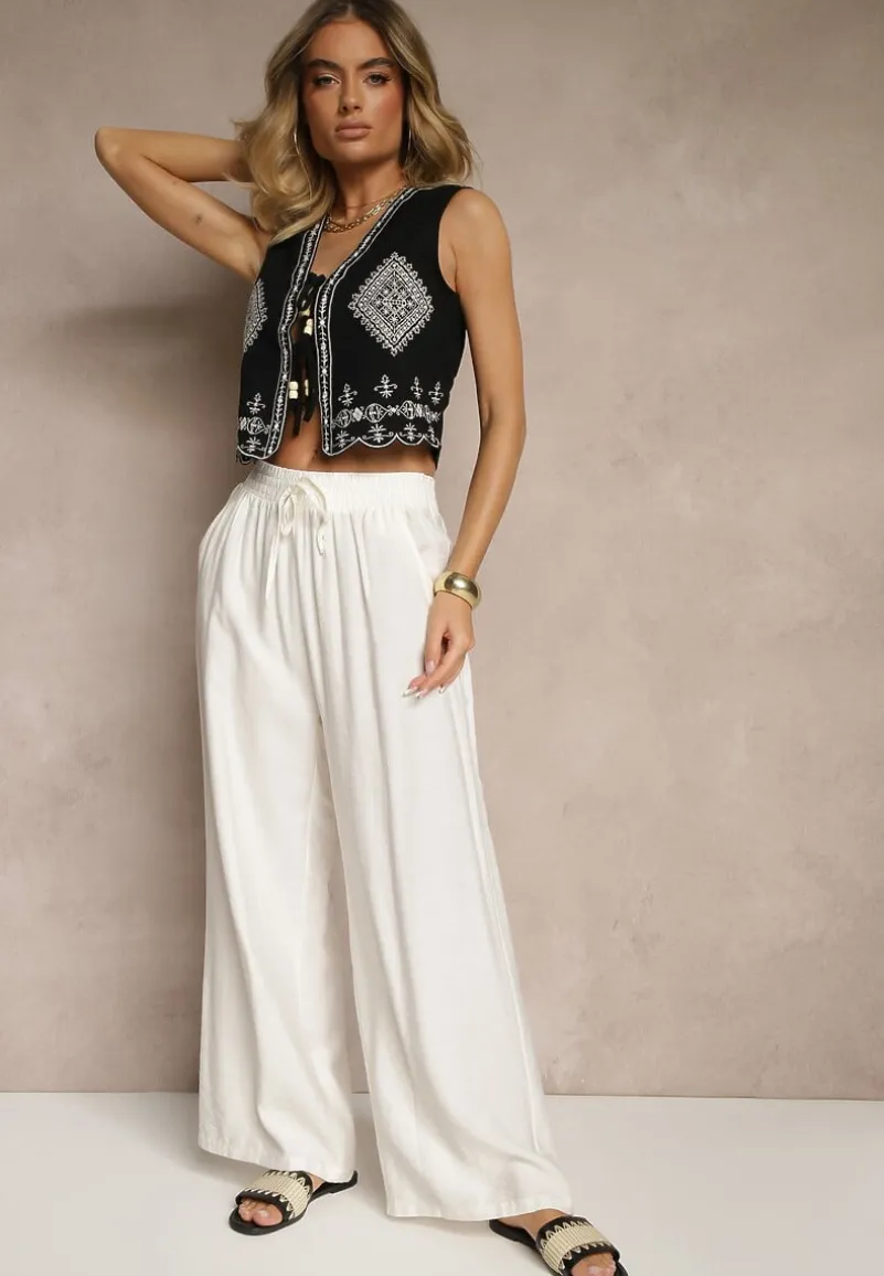 Białe Szerokie Spodnie High Waist z Wiskozy z Gumką w Talii Lannalie