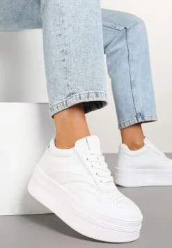 Białe Sznurowane Sneakersy Vices na Platformie z Metalicznymi Paskami Neliawen