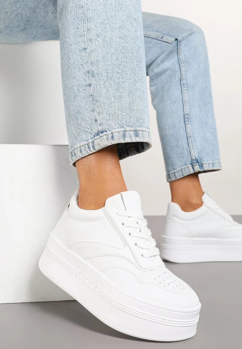 Białe Sznurowane Sneakersy Vices na Platformie z Metalicznymi Paskami Neliawen