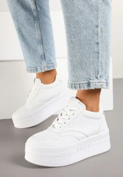 Białe Sznurowane Sneakersy Vices na Platformie z Metalicznymi Paskami Neliawen