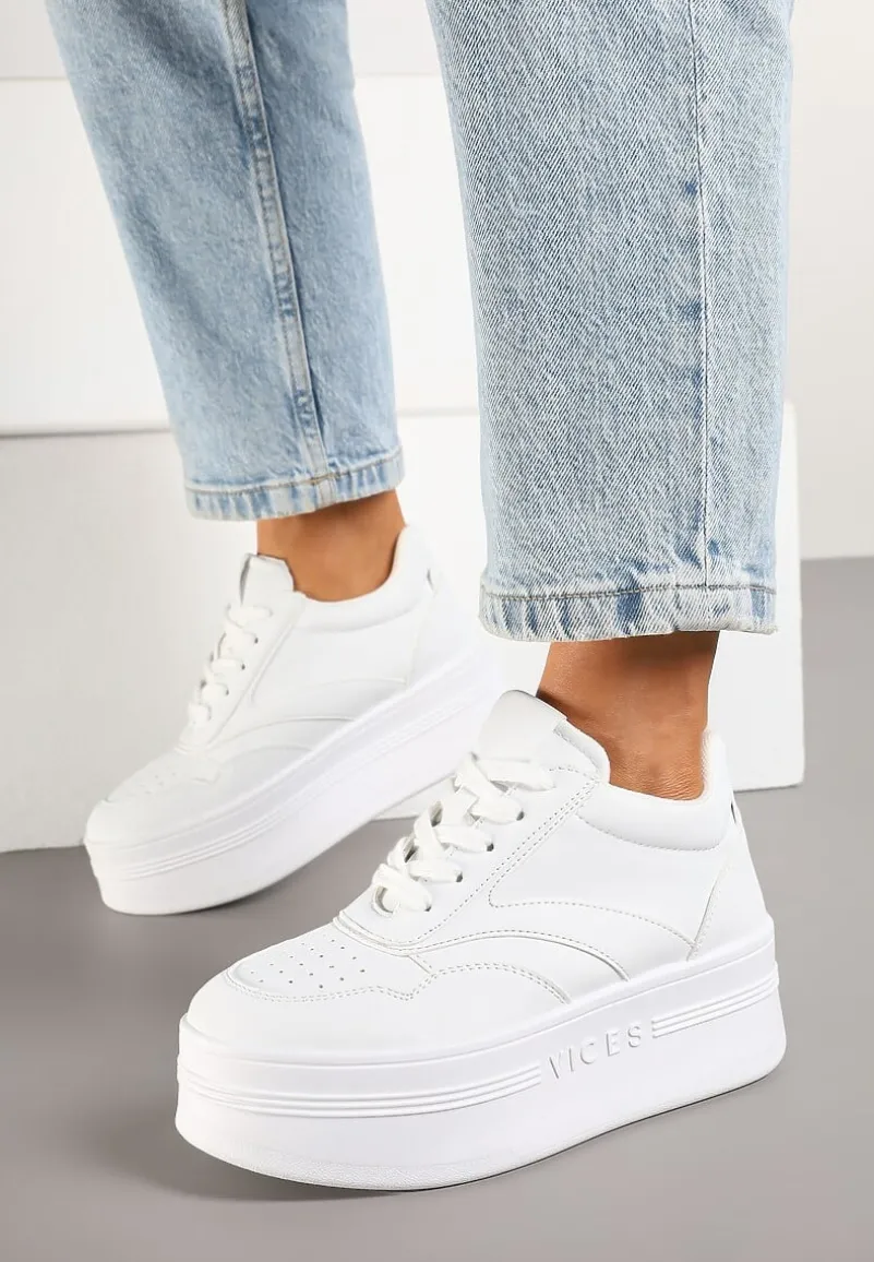Białe Sznurowane Sneakersy Vices na Platformie z Metalicznymi Paskami Neliawen