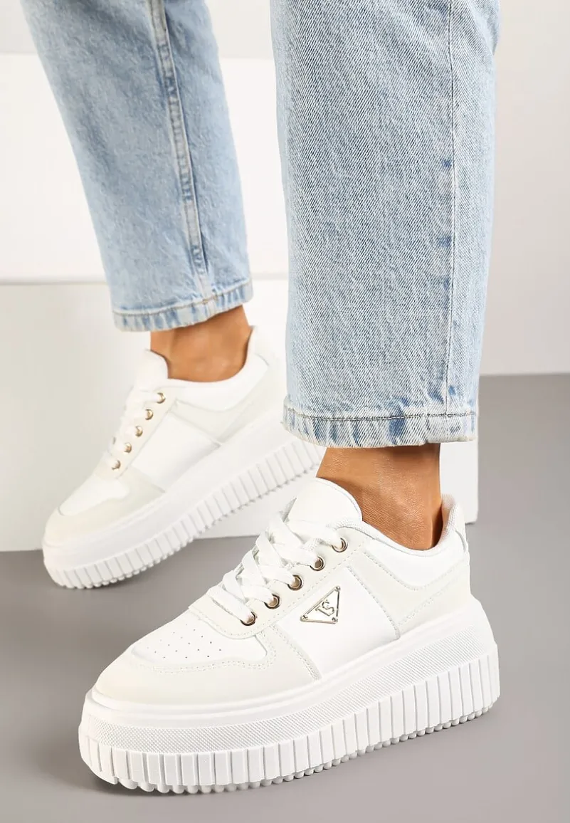 Białe Sznurowane Sneakersy Vices Tłoczonej Platformie Ozdobione Trójkątem Raviri