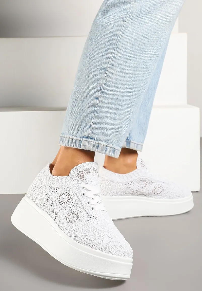 Białe Szydełkowe Sneakersy Typu Tenisówki na Platformie Filalena
