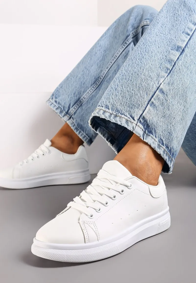 Białe Wiązane Sneakersy na Płaskiej Podeszwie z Modną Wstawką Zanelih