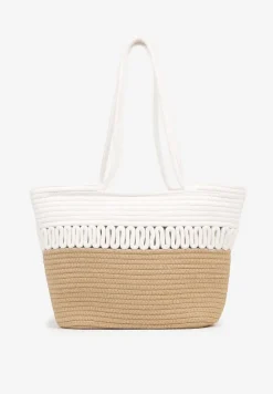 Biało-Beżowa Plażowa Torebka Shopper z Bawełny Ozdobiona Paskami Liravela