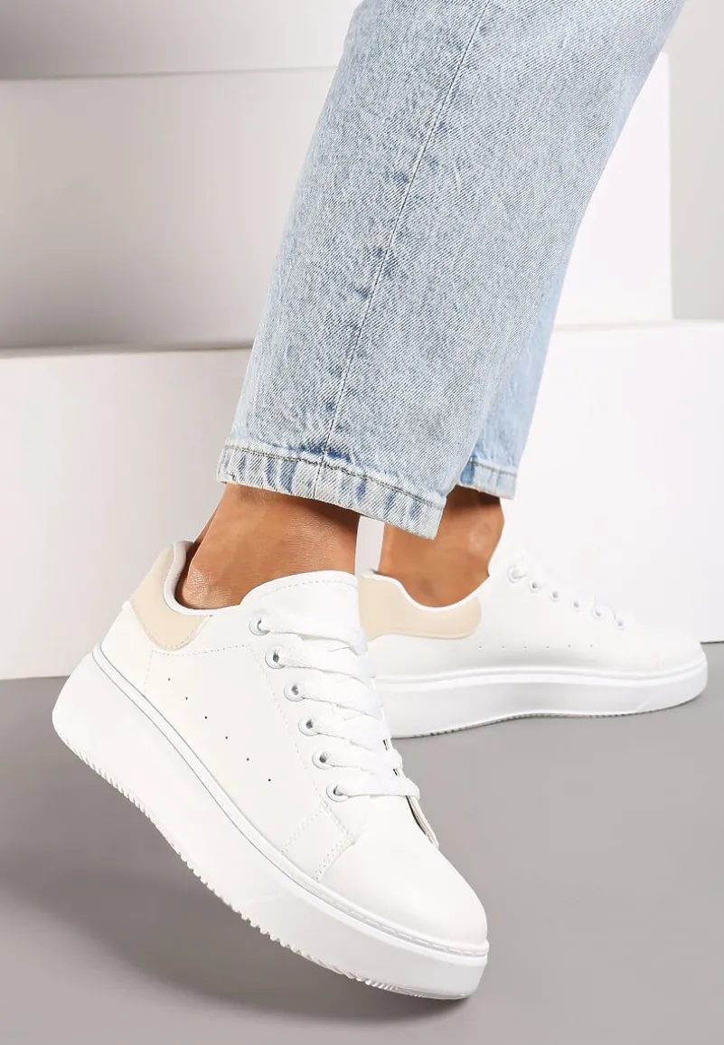 Biało-Beżowe Casualowe Sneakersy na Platformie ze Sznurowaniem Tialorae