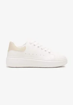 Biało-Beżowe Casualowe Sneakersy na Platformie ze Sznurowaniem Tialorae