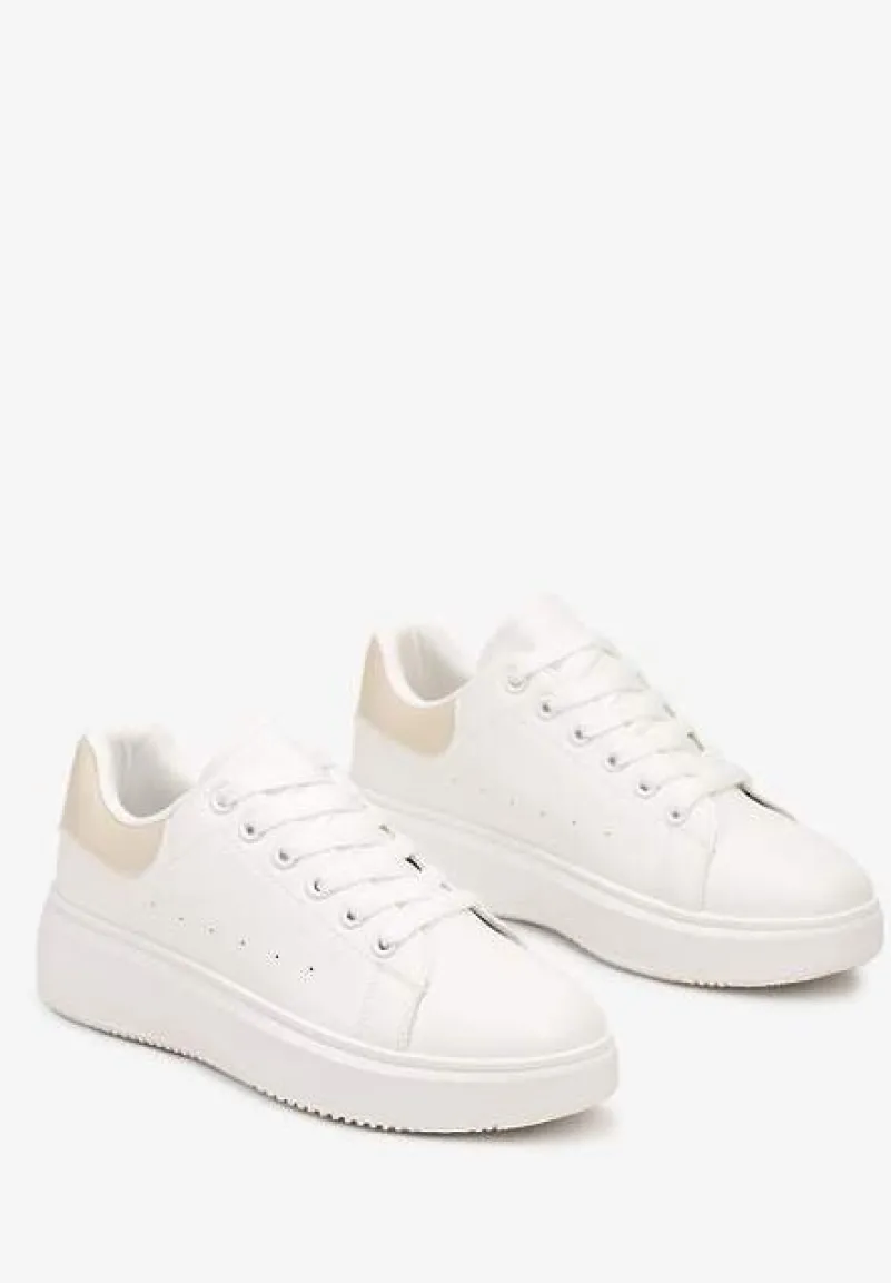 Biało-Beżowe Casualowe Sneakersy na Platformie ze Sznurowaniem Tialorae
