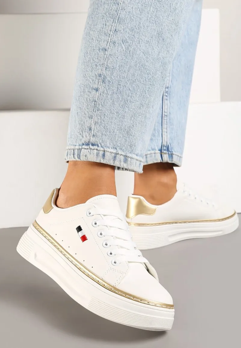 Biało-Beżowe Sznurowane Sneakersy na Płaskiej Podeszwie z Lamówką Fedat