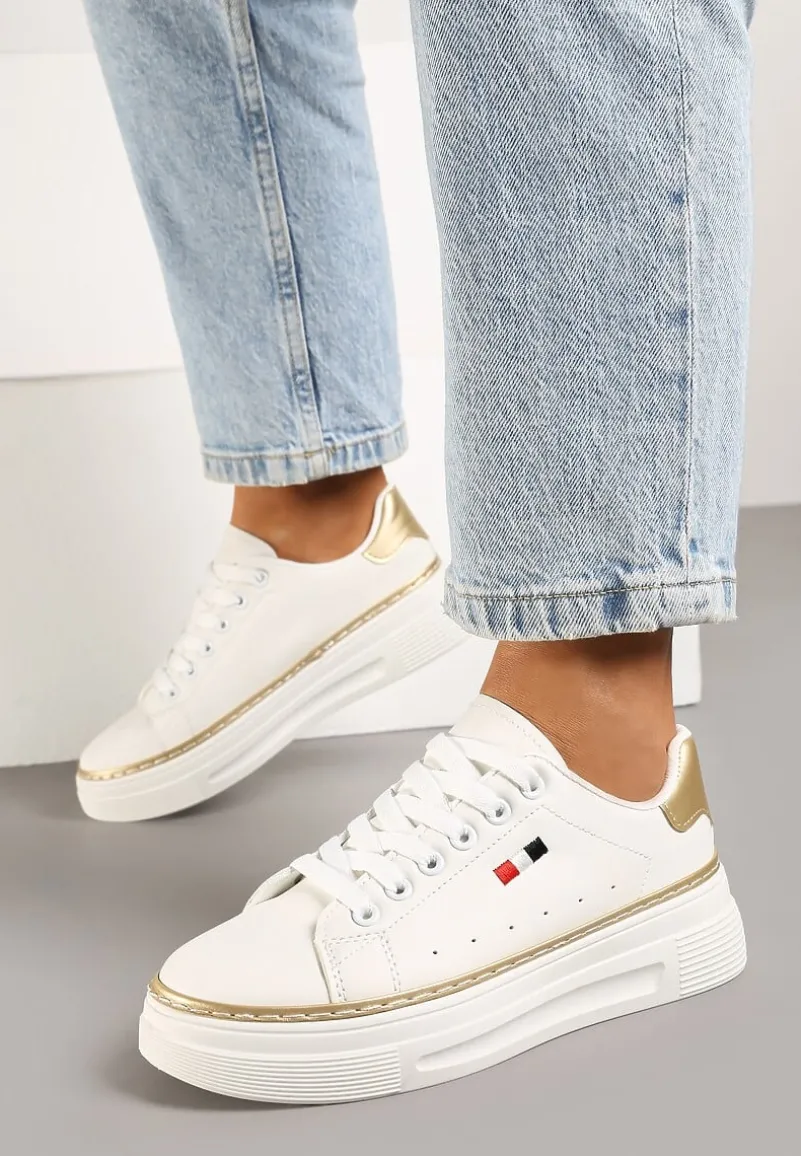 Biało-Beżowe Sznurowane Sneakersy na Płaskiej Podeszwie z Lamówką Fedat