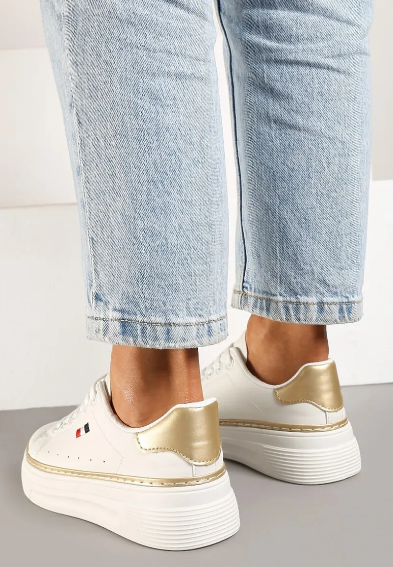 Biało-Beżowe Sznurowane Sneakersy na Płaskiej Podeszwie z Lamówką Fedat