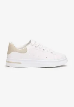 Biało-Beżowe Wiązane Sneakersy na Płaskiej Podeszwie z Modną Wstawką Zanelih