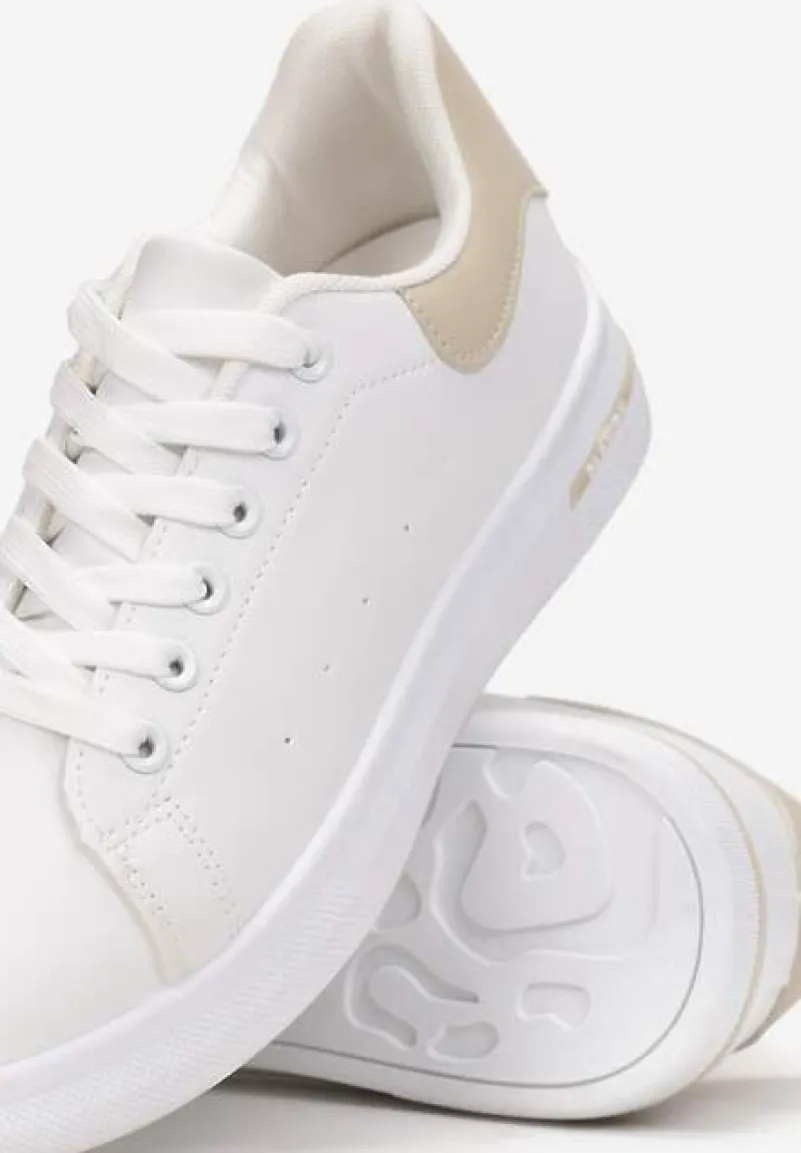 Biało-Beżowe Wiązane Sneakersy na Płaskiej Podeszwie z Modną Wstawką Zanelih