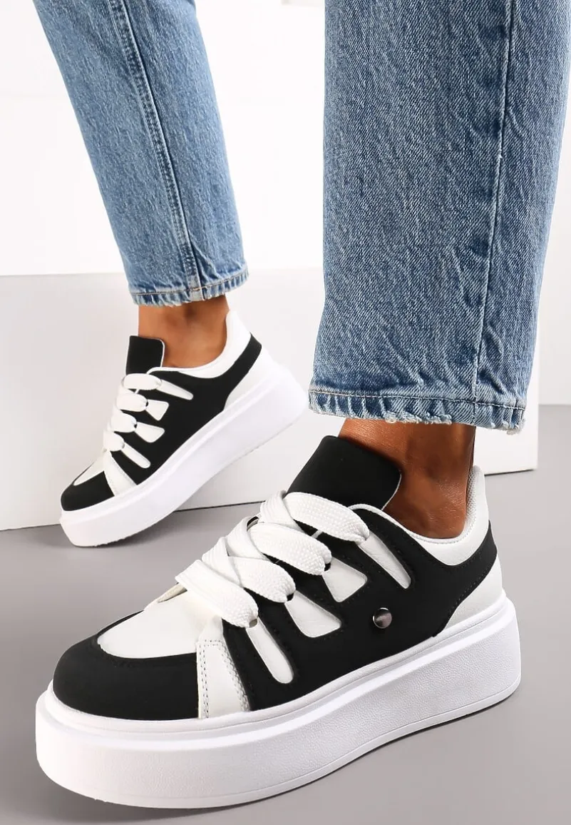 Biało-Czarne Sneakersy na Grubej Podeszwie przed Kostkę Alisis