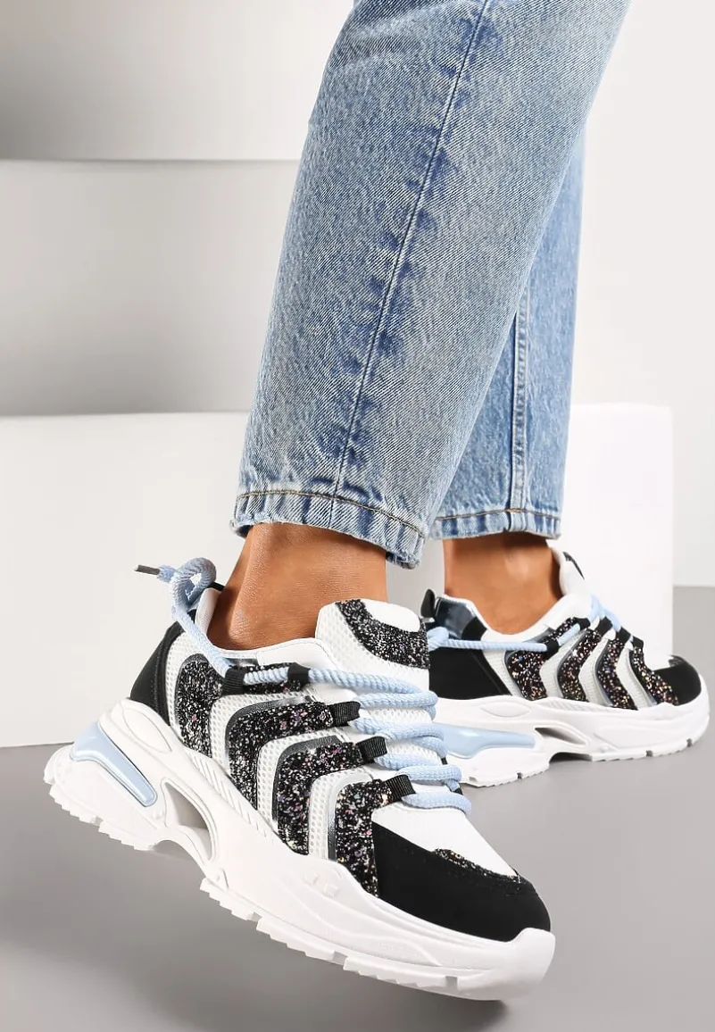 Biało-Czarne Sneakersy na Masywnej Podeszwie Odobione Brokatem Thirlas