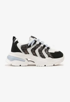 Biało-Czarne Sneakersy na Masywnej Podeszwie Odobione Brokatem Thirlas