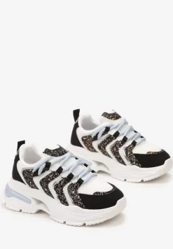 Biało-Czarne Sneakersy na Masywnej Podeszwie Odobione Brokatem Thirlas