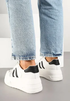 Biało-Czarne Sneakersy na Platformie Ozdobione Paskami i Perforacją Fonadel