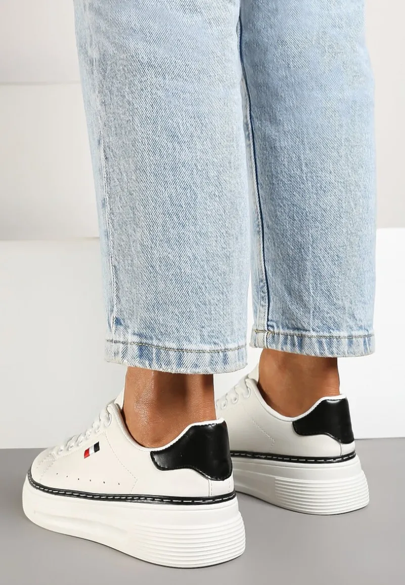 Biało-Czarne Sznurowane Sneakersy na Płaskiej Podeszwie z Lamówką Fedat